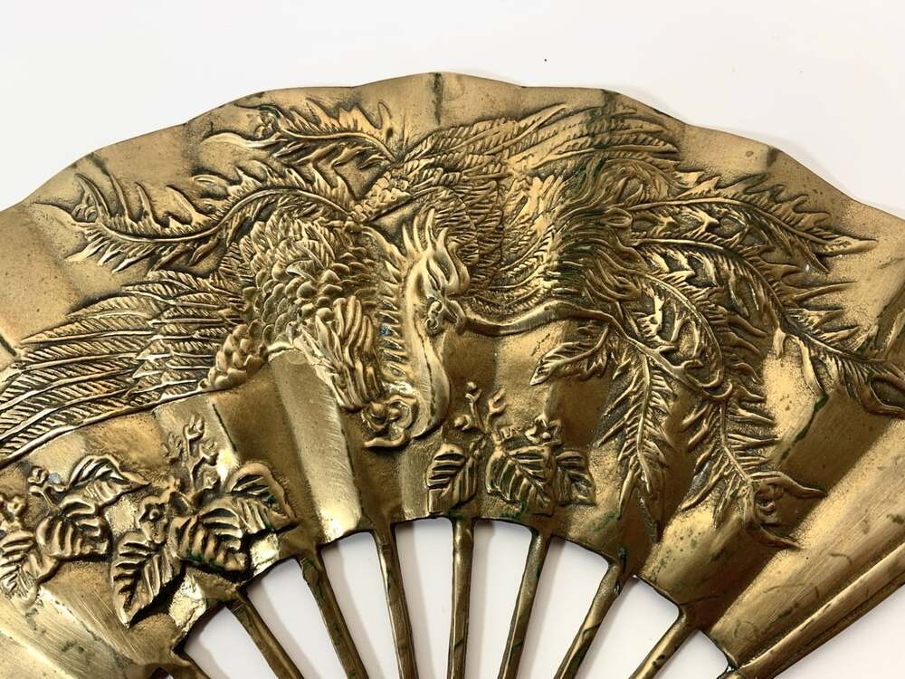Phoenix Dragon Vintage Solid Brass Asian Fan wall art